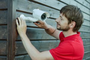 A man installing a security camera on a wooden wall.